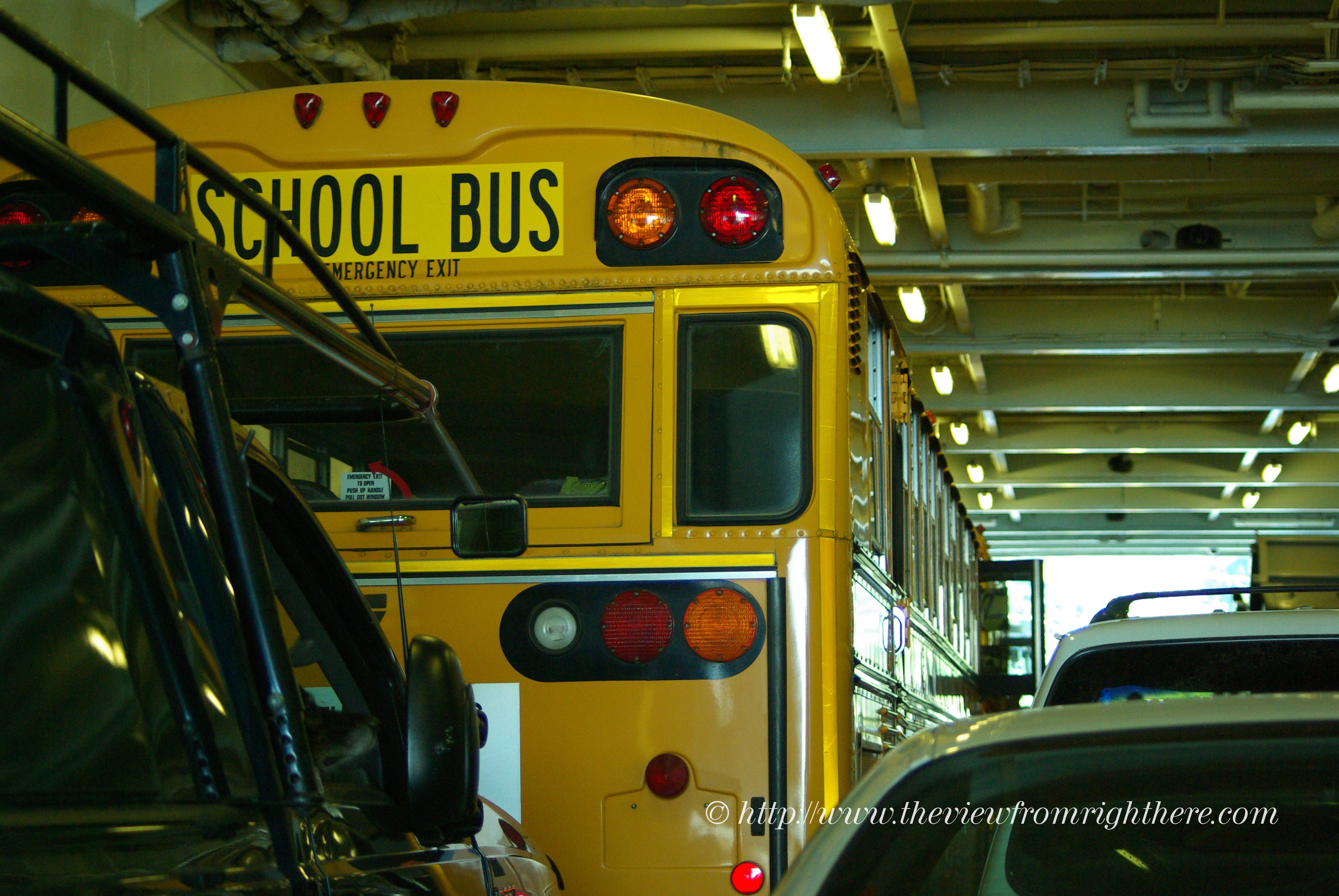 School Bus Squeezed Onto Vashon Island Ferry