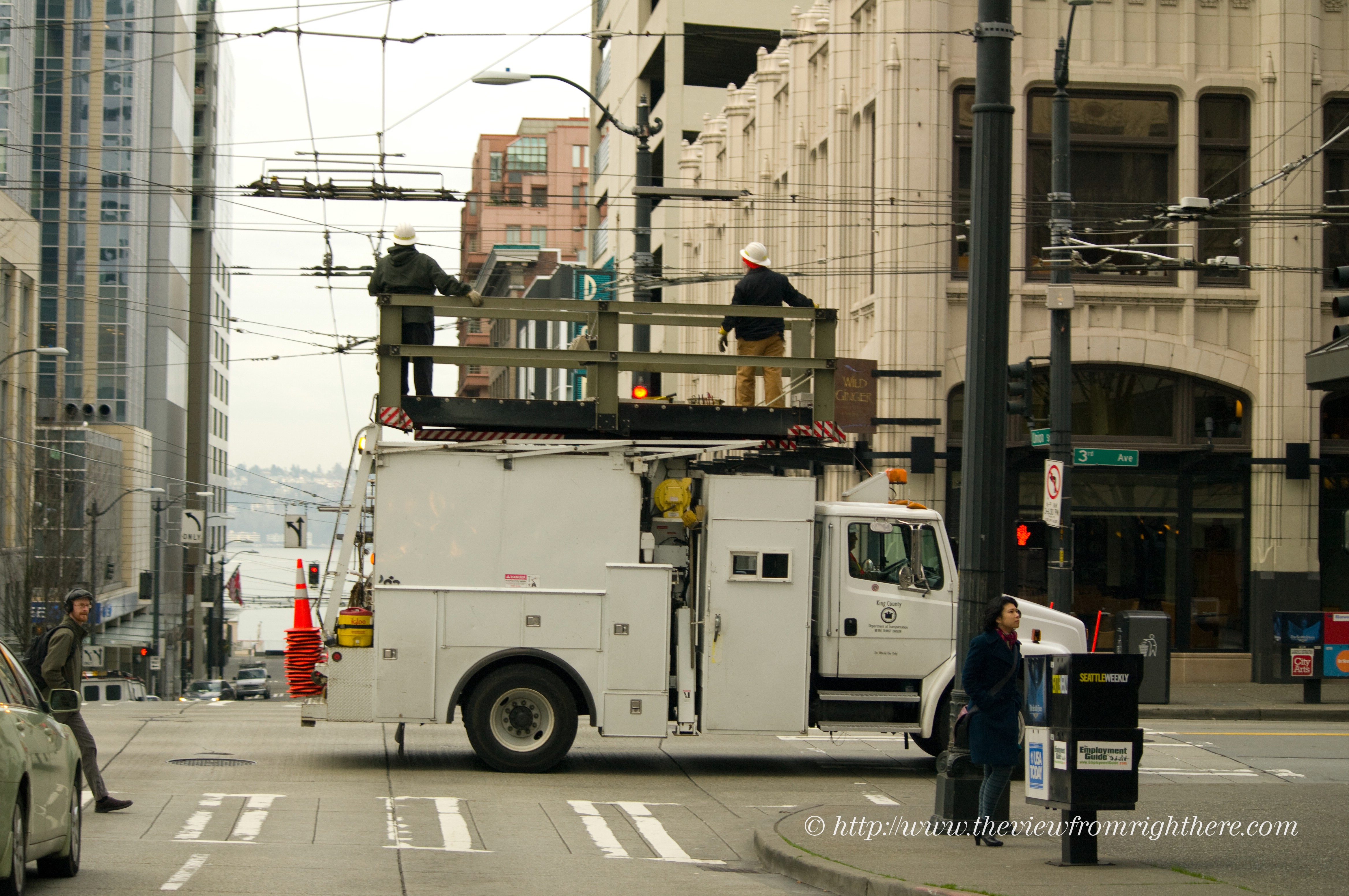Checking Overhead Power Lines in Downtown Seattle