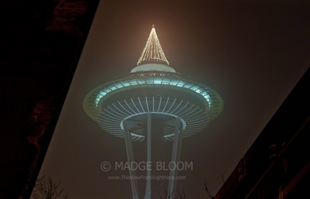 Foggy Space Needle as Seen Through the Monorail Tracks